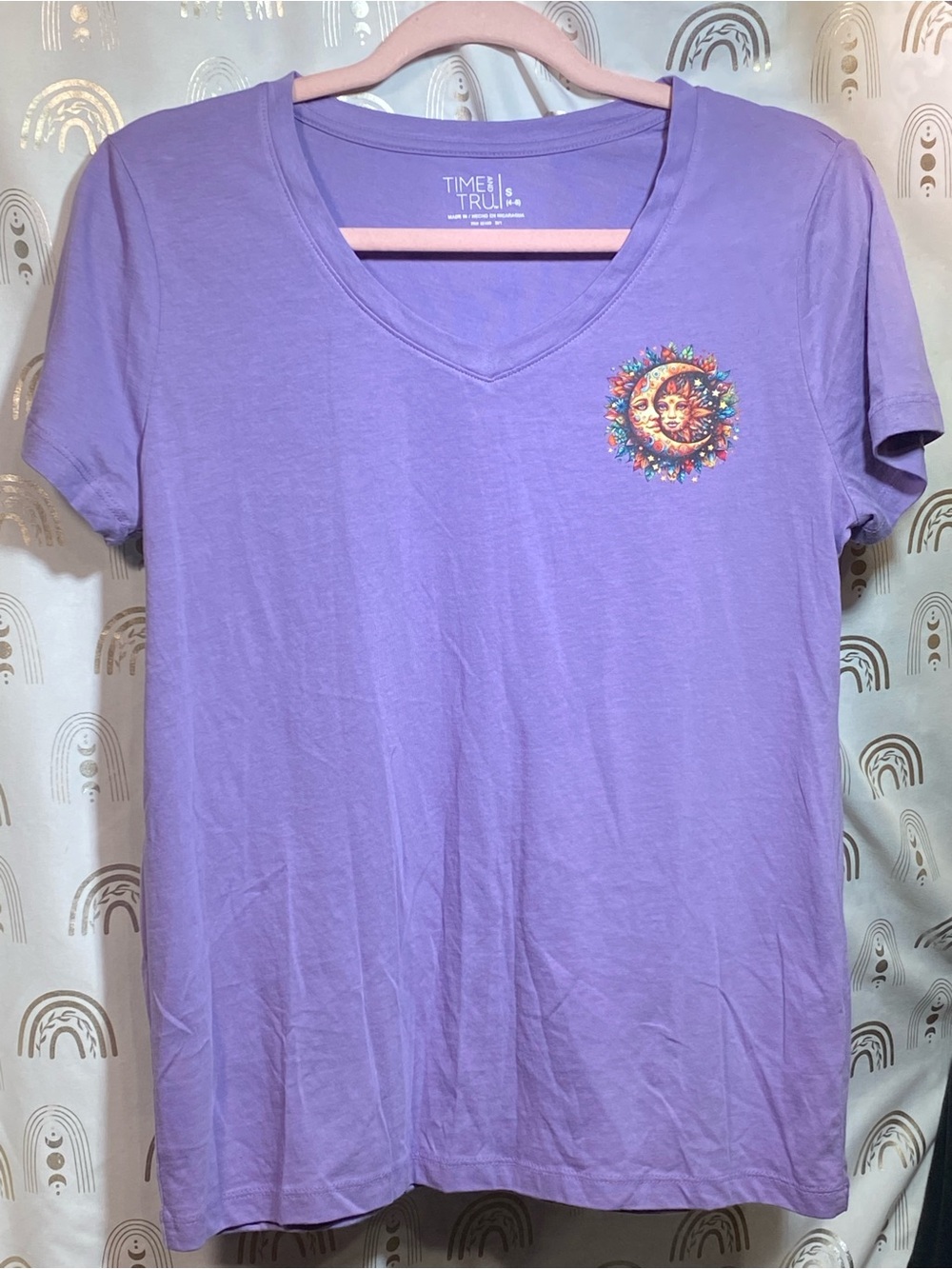 Time and Tru Lavender V-Neck Tee with Colorful Sun Motif. Upcycled